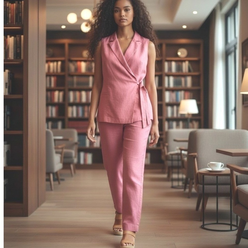 Vintage Ann Taylor LOFT Pink Linen Blend 2PC Suit Wrap Vest Pants Sz 14
